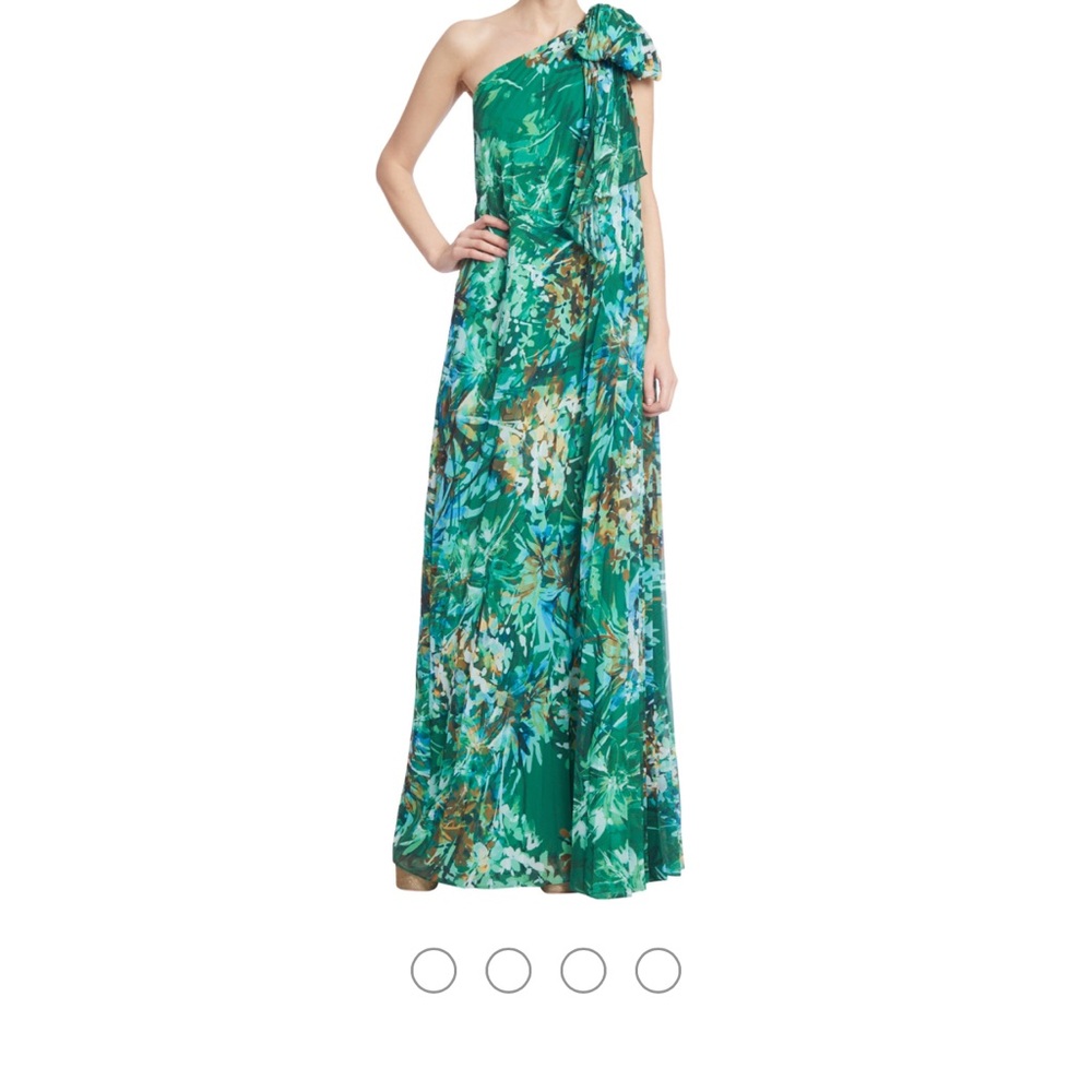 Badgley Mischka One-Shoulder Green Floral Dress